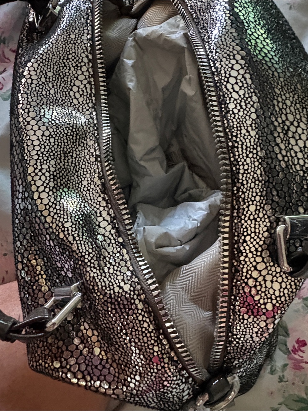 Women's Jeweled Metallic Satchel Handbag - Silver - Picture 10 of 12